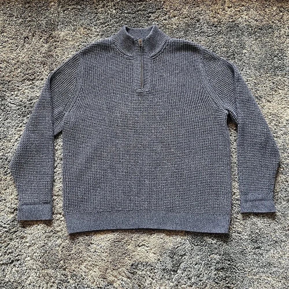 LL Bean Organic Cotton Waffle Knit 1/4 Zip Fisherman's Sweater Blue Men's XXL